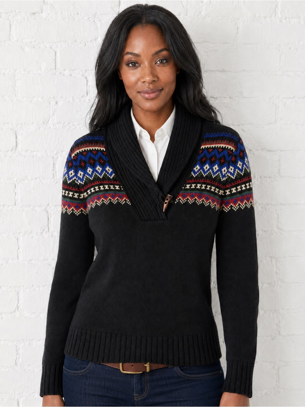 Lauren Ralph Lauren Fair Isle Shawl Collar Cotton Sweater XS
